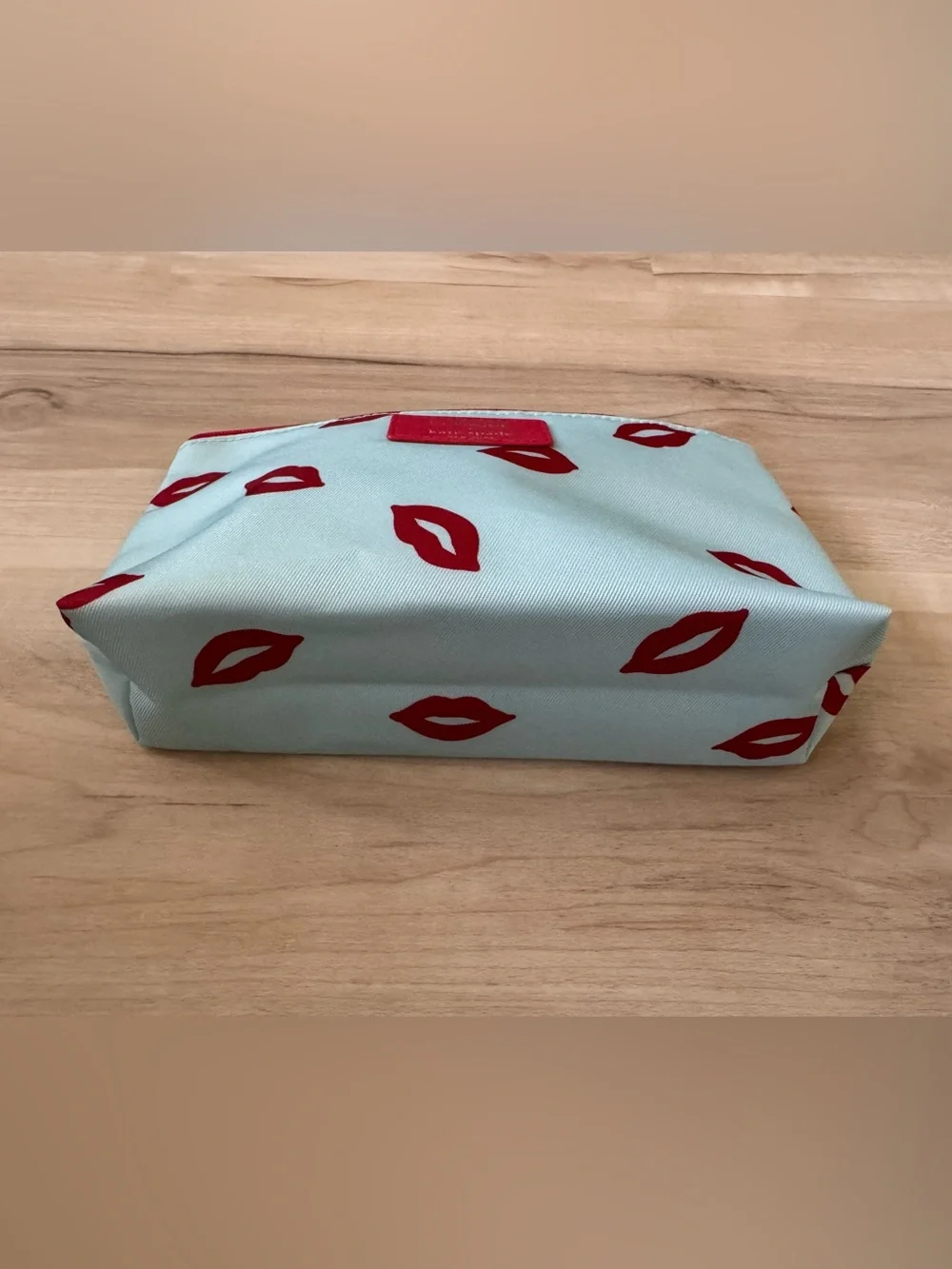 Clinique x kate spade Cosmetic Pouch in Light Blue with Red Lip Print